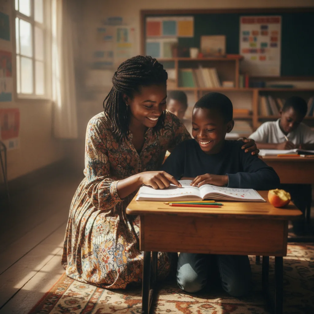 A teacher helping a student at their desk
